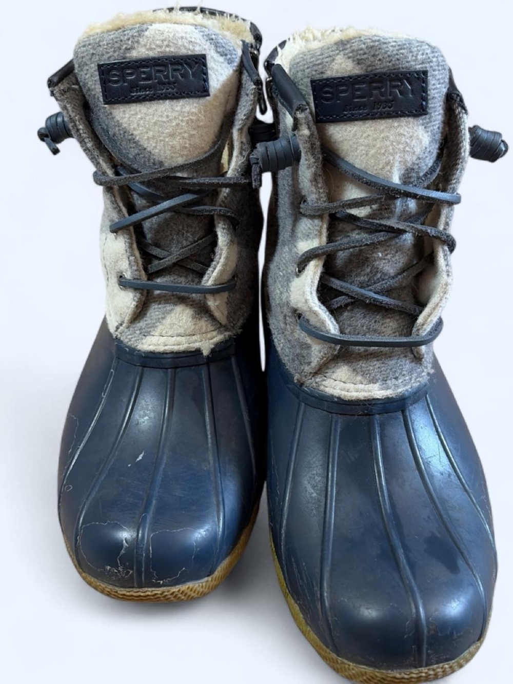 Sperry Women’s Wool Plaid Duck Boots Size 7.5 Navy Faux Fur Lined